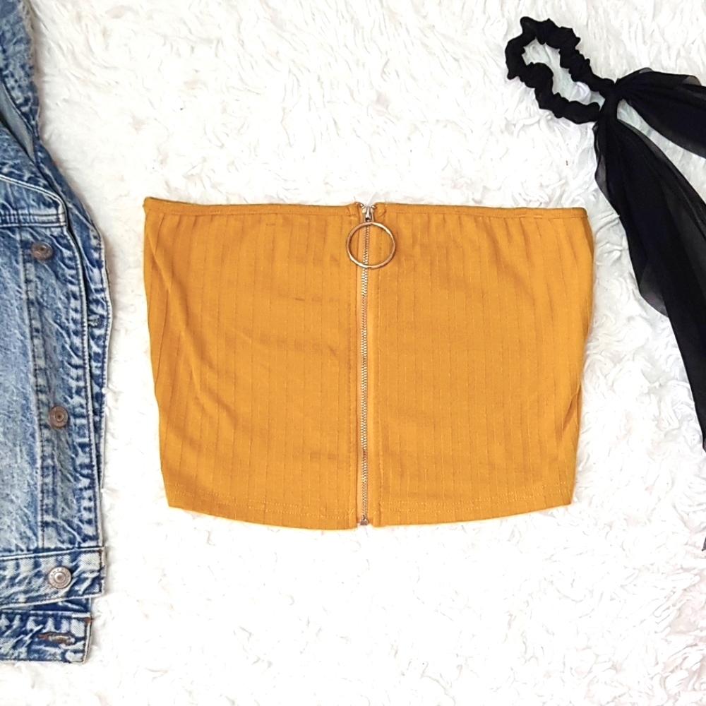 🍂 RIBBED MUSTARD TAN TUBE ZIPPER CROP TOP